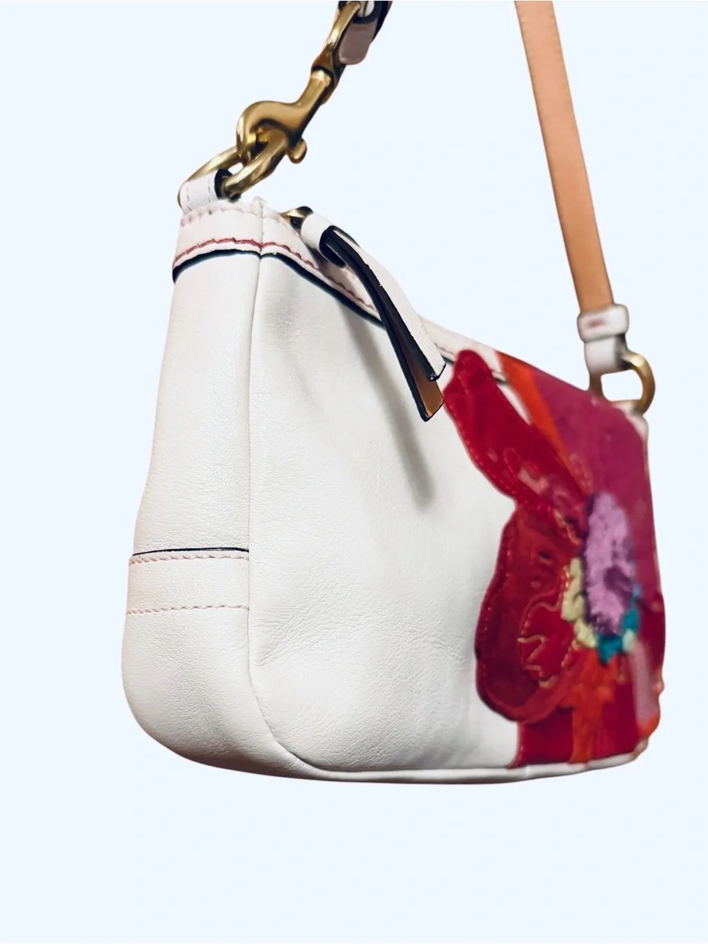 Coach White Leather Shoulder Bag with Red & Pink Floral Appliqué